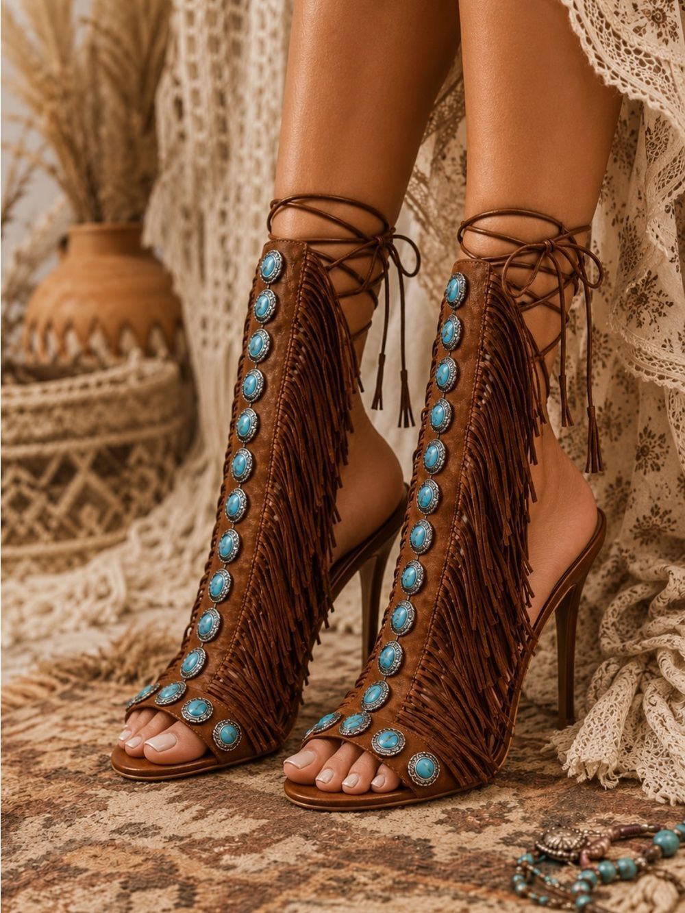 Brown Fringe Gladiator Heels with Turquoise Accent